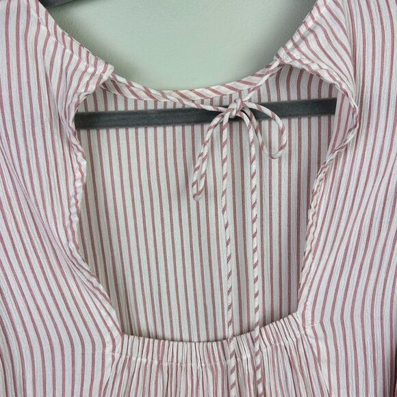 Vestique Pink White Pinstripe Top Ruffle Flutter Sleeve Blouse Open Tie Back S - Picture 5 of 11